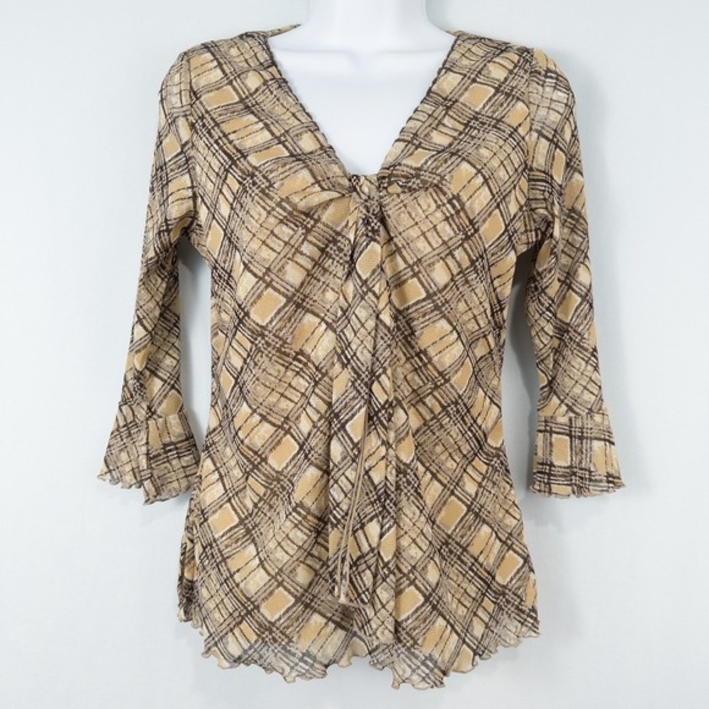 Vintageβ Y2K Tie V Neck Flounce Sleeve Top Petite Medium Mesh Academia Preppy